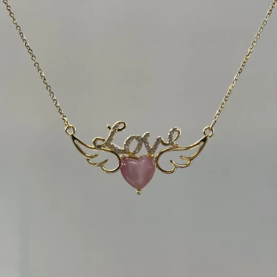 Kanatlı Love Kalp Kolye | Çelik