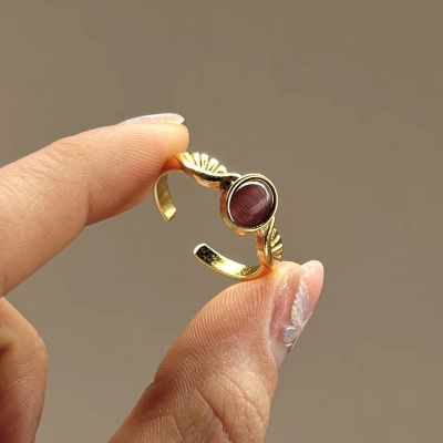 Bordo Taşlı Kanatlı Vintage Yüzük I 14 Altın Kaplama