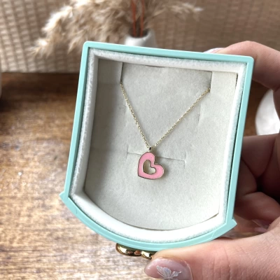 Pembe Mineli Kalp Kolye I 925 Gümüş