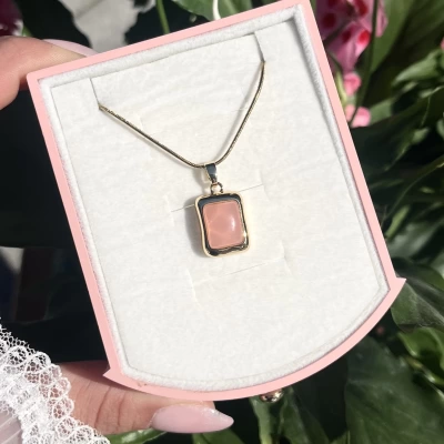 Pembe Taşlı Dörtgen Kolye I Çelik