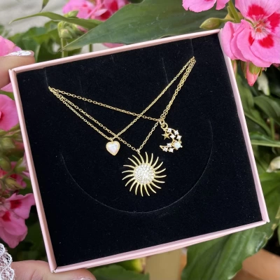 Güneş ve Opal Hilal Kolye Kombini I 925 Gümüş