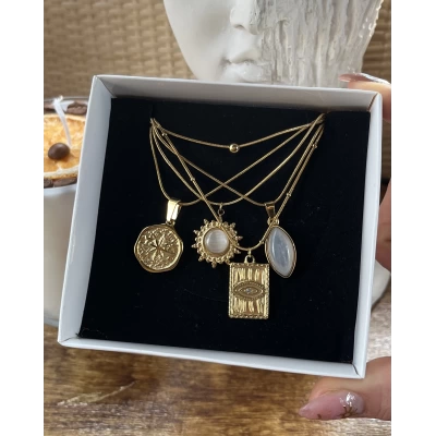 Vintage Göz ve Güneş Kolye Seti I Çelik