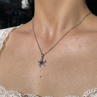 Mavi Çiçekli Deniz Yıldızı Y Kolye