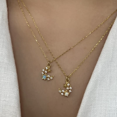 Opal Taşlı Minimal Hilal Kolye I 925 Gümüş