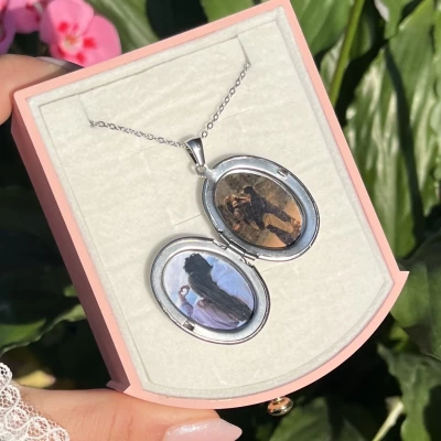 Oval Desenli Çift Fotoğraflı Kolye I Çelik