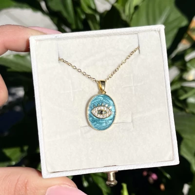 Oval Mavi Etnik Göz Kolye I Çelik