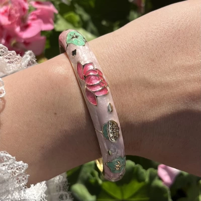 Pastel Kalın Pembe Yeşil Lotus Mineli Bileklik