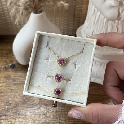Pembe Kalpli Yüzük&Kolye&Bileklik Takımı | 925 Gümüş