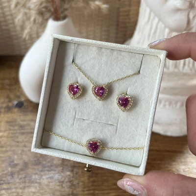 Pembe Kalpli Yüzük&Küpe&Bileklik Takımı | 925 Gümüş