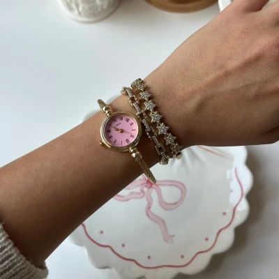 Pembe Kelepçe Vintage Saat