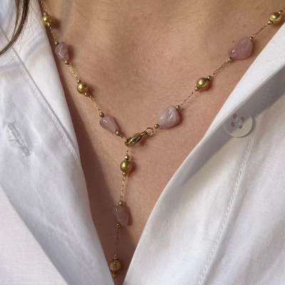 Pembe Kuvars Taşlı Y Zincir Kolye I Çelik