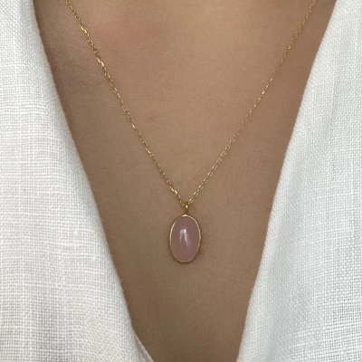 Pembe Oval Taşlı Kolye I 925 Gümüş