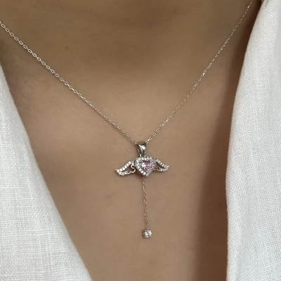 Pembe Taşlı Kanatlı Kalp Kolye I 925 Gümüş