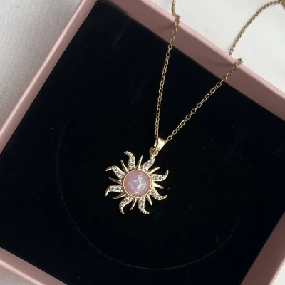 Pembe Taşlı Opal Sun Kolye | Çelik
