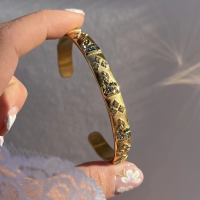Renkli Taşlı Vintage Kelepçe Bileklik I Çelik