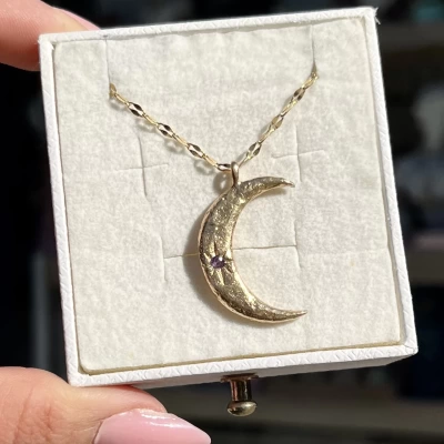 Mor Taşlı Hilal Kolye Vintage Kolye I Ham Pirinç