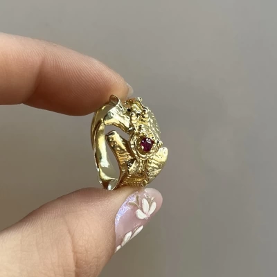 Kırmızı Taşlı Vintage Yüzük I 14 Altın Kaplama