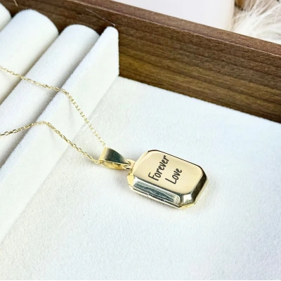 Yazılı Köşeli Fotoğraflı Kolye