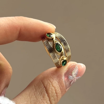 Yeşil Taşlı Vintage Yüzük I 14 Altın Kaplama