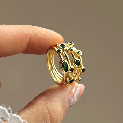 Yeşil Taşlı Vintage Yüzük I 14 Altın Kaplama