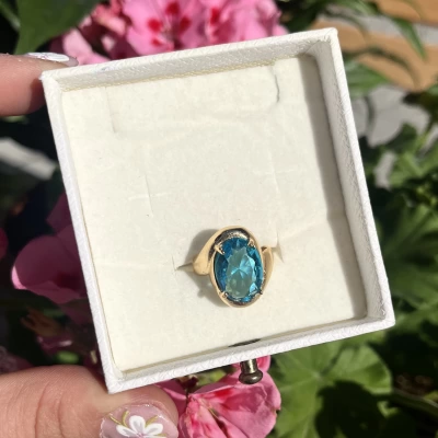 Mavi Taşlı Oval Vintage Yüzük I Ham Pirinç