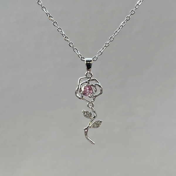 Pembe Taşlı Rose Kolye | Çelik