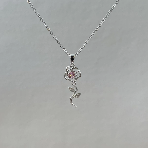 Pembe Taşlı Rose Kolye | Çelik