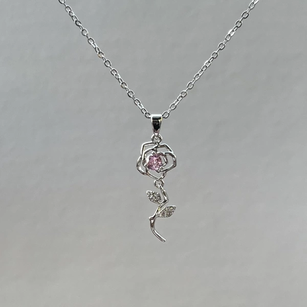 Pembe Taşlı Rose Kolye | Çelik