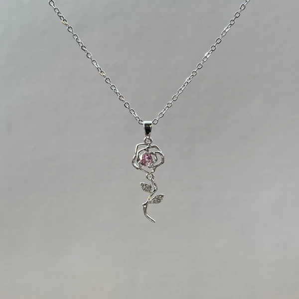 Pembe Taşlı Rose Kolye | Çelik