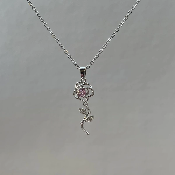 Pembe Taşlı Rose Kolye | Çelik