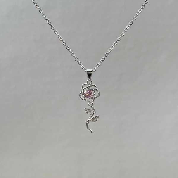 Pembe Taşlı Rose Kolye | Çelik