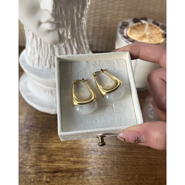 Beyaz Akik Taşlı Vintage Küpe I Çelik