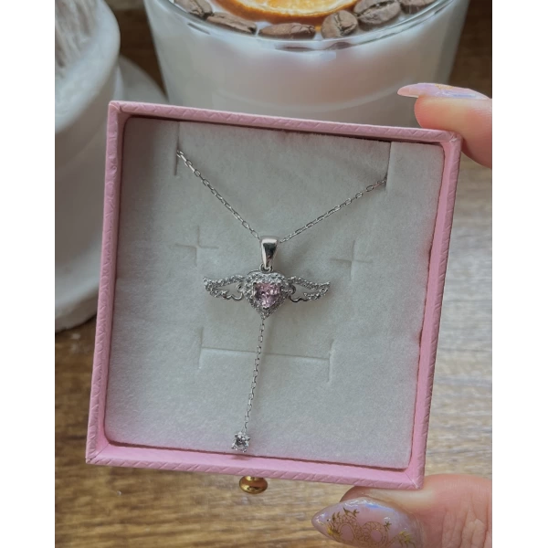 Pembe Taşlı Kanatlı Kalp Kolye I 925 Gümüş
