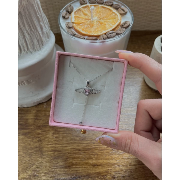 Pembe Taşlı Kanatlı Kalp Kolye I 925 Gümüş