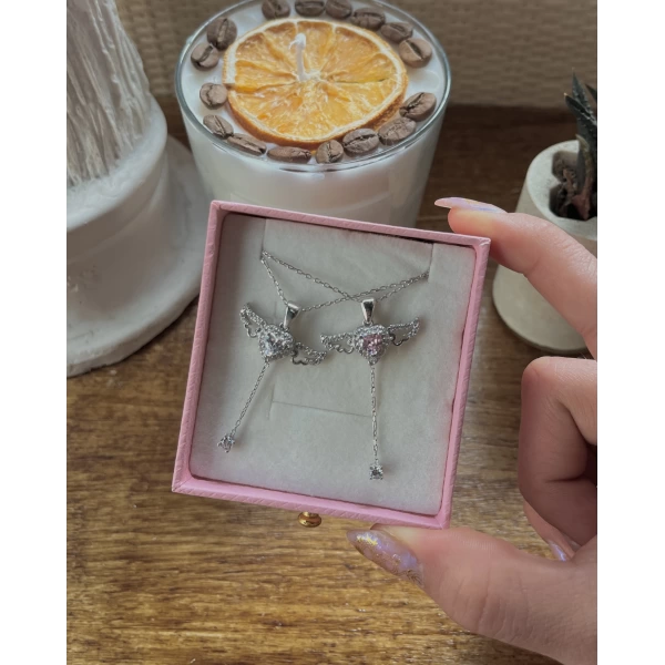 Pembe Taşlı Kanatlı Kalp Kolye I 925 Gümüş