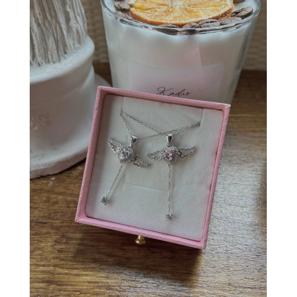 Pembe Taşlı Kanatlı Kalp Kolye I 925 Gümüş