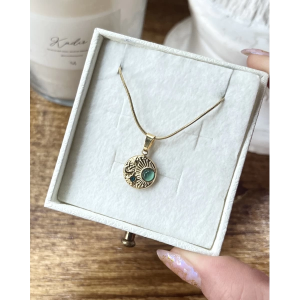 Yeşil Taşlı Minimal Vintage Kolye I Çelik