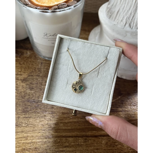 Yeşil Taşlı Minimal Vintage Kolye I Çelik