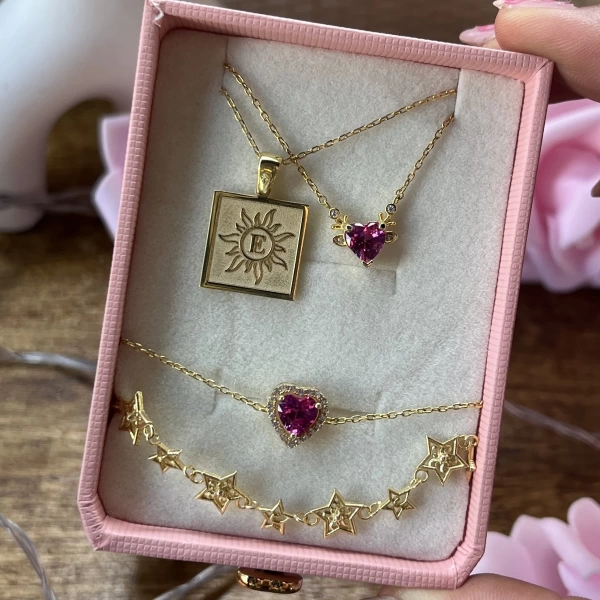 Güneş Harf Kolye ve Yıldız Bileklik Takımı I 925 Gümüş