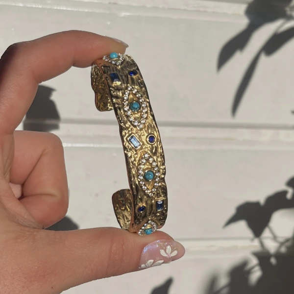 Turkuaz Taşlı ve Göz Motifli Vintage Kelepçe Bileklik