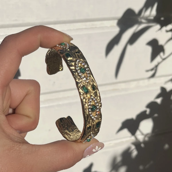 Yeşil Taşlı ve Göz Motifli Vintage Kelepçe Bileklik