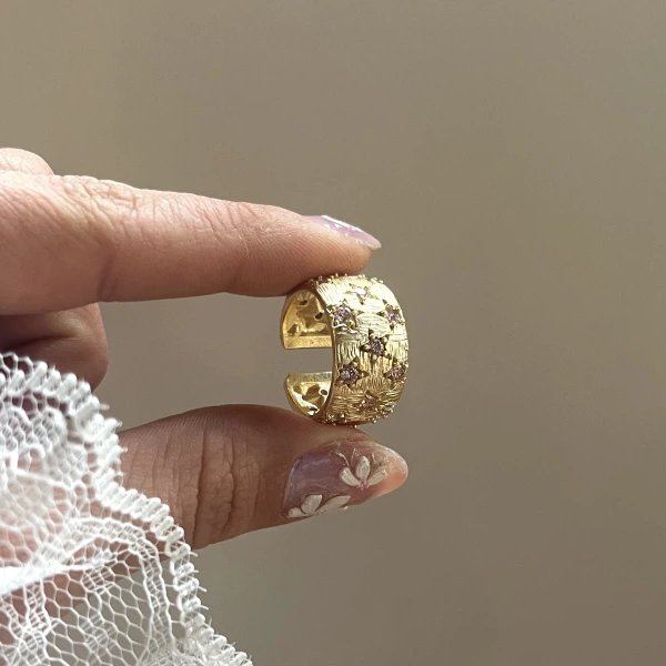 Pembe Yıldız Damalı Vintage Yüzük I 14K Altın Kaplama
