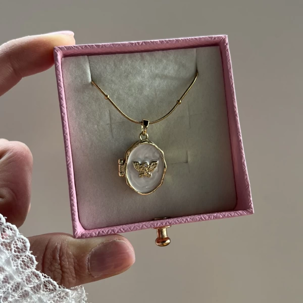 Aynalı ve Sedefli Melek Kapaklı Kolye I Çelik