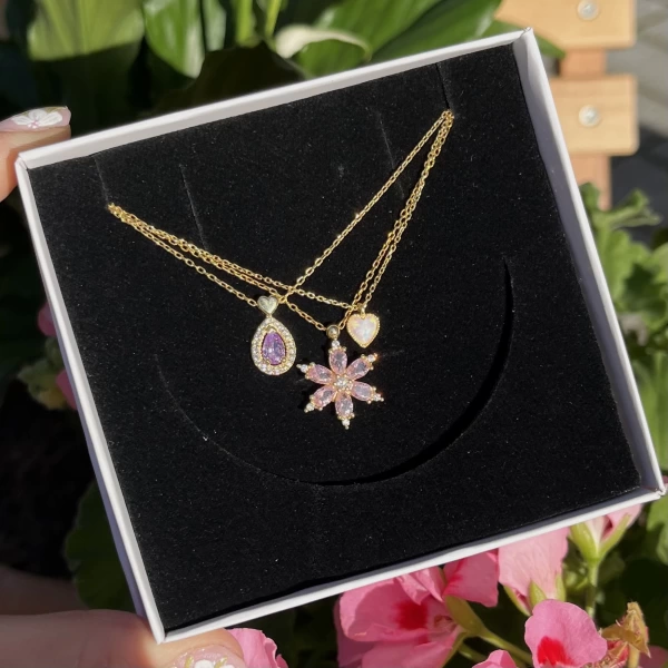 Violet ve Opal Kalp Kolye Kombini I 925 Gümüş