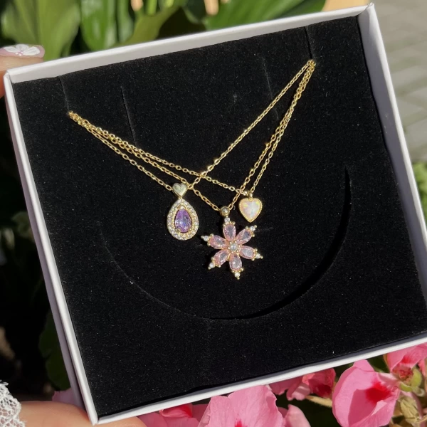 Violet ve Opal Kalp Kolye Kombini I 925 Gümüş