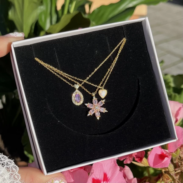 Violet ve Opal Kalp Kolye Kombini I 925 Gümüş