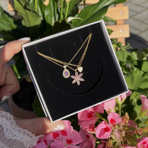 Violet ve Opal Kalp Kolye Kombini I 925 Gümüş