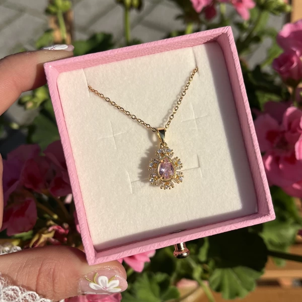 Pembe Taşlı Kösem Kolye I Çelik