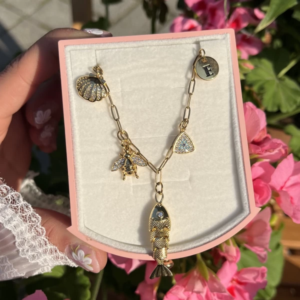 Balıklı 5 Charmlı Vintage Kolye I Çelik