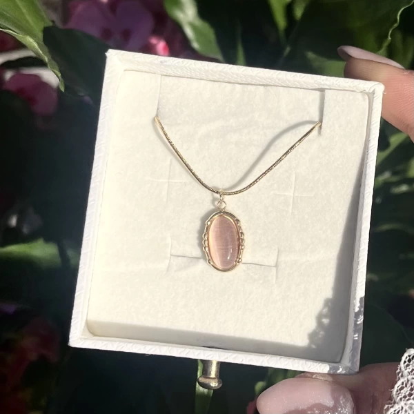 Pembe Taşlı Vintage Kolye I Çelik